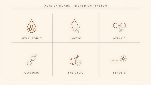 AI Generated Skincare Ingredient Icons Set Hyaluronic Lactic Azelaic Butyric Salicylic Ferulic Line Art