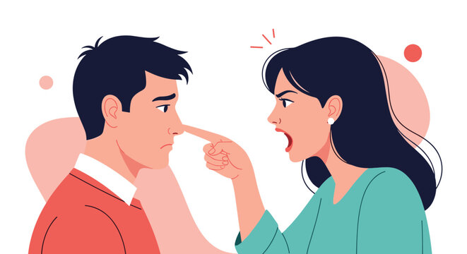 Angry woman shouting and pointing her finger at a sad man nose during an intense argument or conflict in a flat vector style.