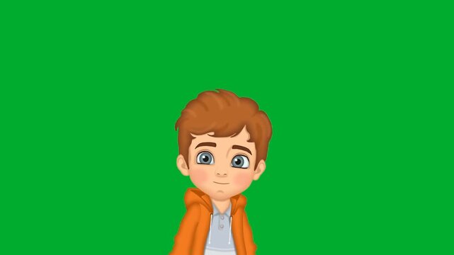 2d animation Boy portrait close up looking forward with a friendly smile animation on green screen. Happy male child cartoon character wearing orange jacket with brown hair animation on green screen.