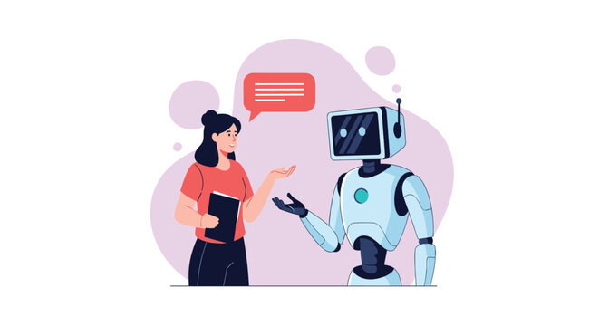 Young woman with a black notebook communicates with a friendly humanoid robot against a soft purple abstract background in a modern tech office.