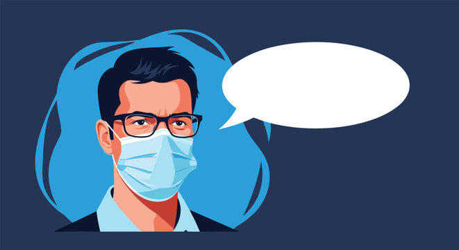 Man wearing a blue medical face mask and glasses looks seriously forward with a blank white speech bubble on a dark blue graphic background.