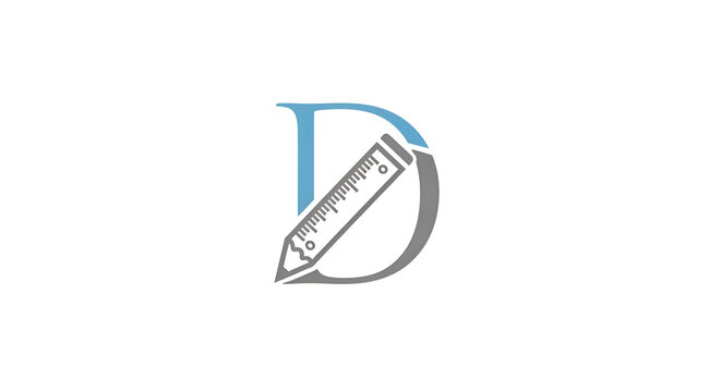 Stylized letter D logo formed by a blue part and a gray pencil with ruler graphic design symbol
