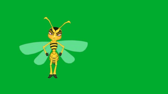 2d animation Bee cartoon character standing confidently with hands on hips in full frontal view animation on green screen. Cute yellow wasp hornet insect bug smiling with big translucent wings
