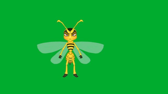 2d animation Wasp character flying forward with spreading open wings in frontal view animation on green screen. Angry yellow bee hornet insect bug mascot soaring actively in place animation on green