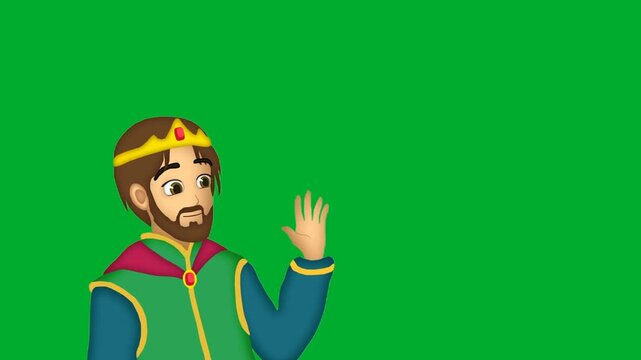 2d animation King cartoon character wearing gold royal crown waving hand animation on green screen. Cheerful prince monarch emperor leader man in green robe greeting people friendly animation