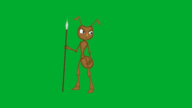 2d animation Ant guard spear holding in a defensive pose on a clear background animation on green screen. Little insect mascot cartoon character wearing red armor shell preparing for battle in