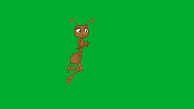 2d animation Ant running fast in a full length side view profile frame animation on green screen. Brown single worker insect bug cartoon character sprinting quickly or fleeing from hazard animation