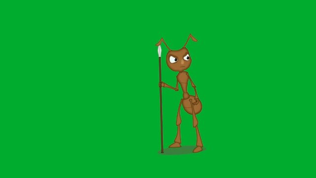 2d animation Ant soldier alert holding a long spear in a side view profile animation on green screen. Professional insect mascot character ready for patrol or protection mission in a fantasy world