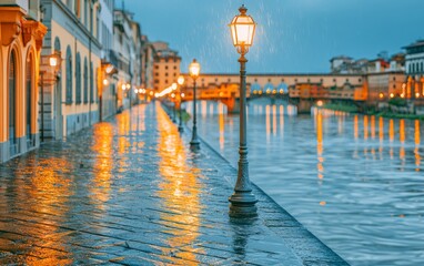 Fototapeta premium Rainy Evening at Arno River in Florence with Dusk Reflections and Lights