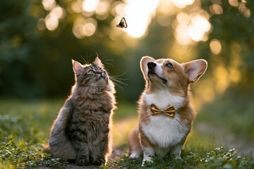 Obraz premium The Butterfly Above Two Pets in Golden Sunset Field Watching Curiously