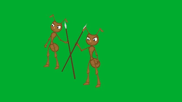 2d animation Ant combat training with two soldiers practicing spear fighting skills animation on green screen. Professional insect cartoon mascot characters learning defense techniques for colony war