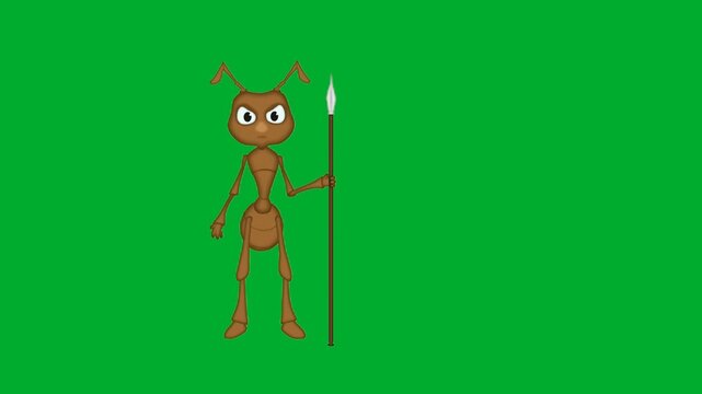 2d animation Ant guard standing tall with a long spear in a confident pose animation on green screen. Professional insect cartoon mascot character ready for colony protection mission loop video asset