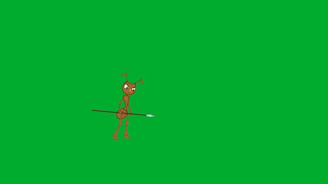 2d animation Ant spear practice in a dynamic motion sequence for colony defense animation on green screen. Small insect cartoon mascot character showing quick training movements loop video asset