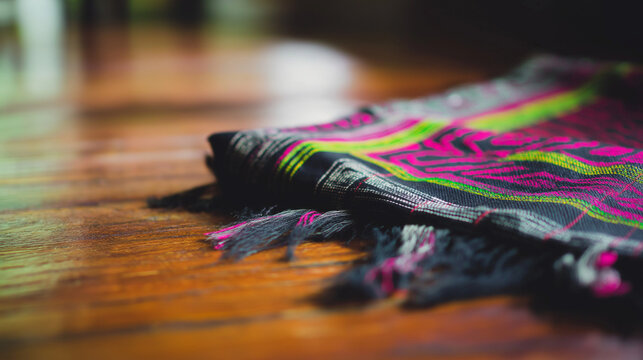 assamese. Traditional silk dress with intricate patterns laid flat on a wooden floor. event programs, museum guides, designed for cultural heritage projects and event programs.