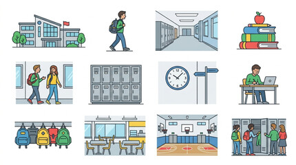 Fototapeta premium Collection of illustrations depicting school life and educational environments.