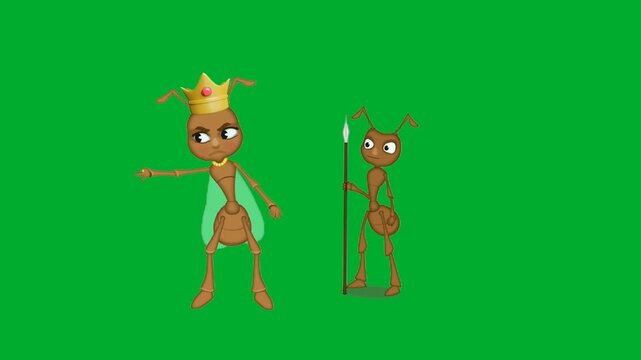 2d animation Queen ant guard standing with spears in a regal colony hall setup animation on green screen. Royal monarch insect mascot cartoon characters with crown and armor loop video asset