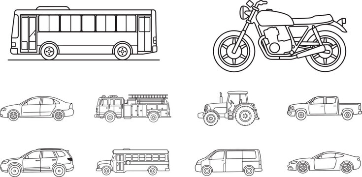 Set of 10 Vehicle Outline Icons &ndash; Isolated Black Line Art Side View Collection on White Background