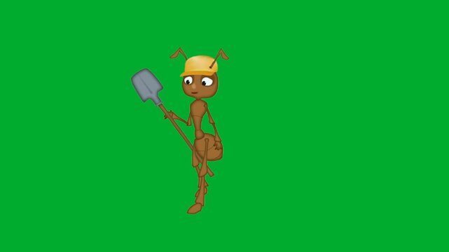 2d animation Ant holding shovel tool on shoulder looking back in full length profile view animation on green screen. Single brown worker insect bug cartoon character preparing for agriculture digging