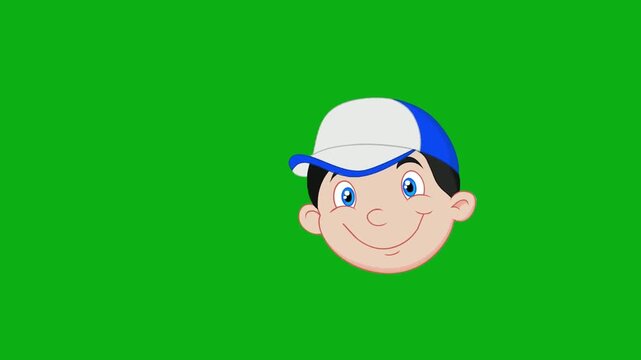Boy baseball cap green screen chromakey background 2d animated cartoon animation child kid emotion expression head portrait concept icon loops smoothly on chroma key