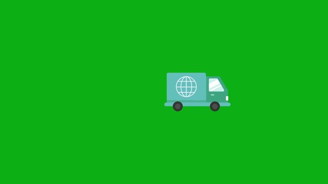 Delivery truck with globe icon on green screen chromakey background 2d animated cartoon animation perfect for professional video editing chroma key compositing and stock footage production globally
