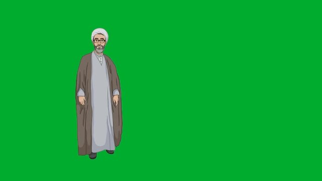 2d animation Scholar man standing gracefully in full length front view posture animation on green screen. Clergyman priest mullah model in grey arab traditional clothes robe turban looking forward