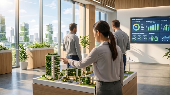 Architects and urban planners examining green building scale model with vertical gardens in modern showroom, sustainable architecture and eco-city development project.