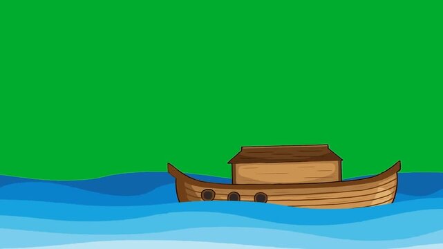 2d animation Noah Ark ship sailing on big sea waves under a clear background layout animation on green screen. Historical biblical wooden vessel boat cruising in open ocean water animation on green