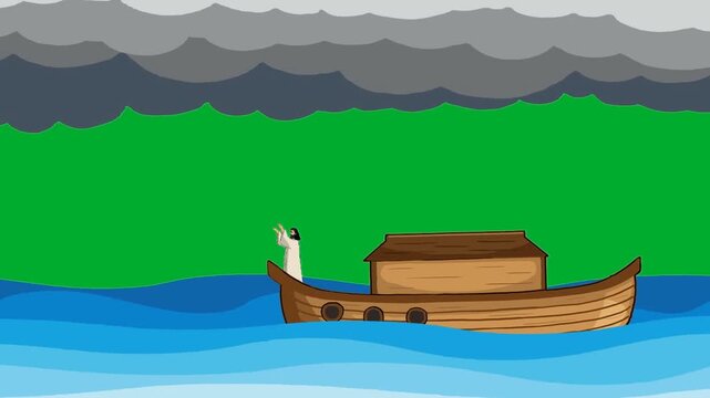 2d animation Prophet on Ark looking at dark storm clouds in sky animation on green screen. Historical biblical wooden ship vessel sailing on open sea waves representing flood salvation story layout