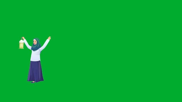 2d animation Girl holding lantern lamp while standing happily in full body front view animation on green screen. Cute happy child cartoon character wearing white hijab cloak celebrating ramadan