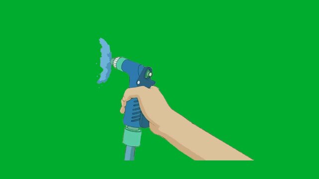 2d animation Hand holding nozzle water sprayer closely in a vertical setup layout animation on green screen. Human arm fingers squeezing automatic pump handle tool for lawn irrigation or domestic