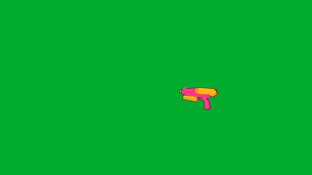2d animation Toy gun sprayer blasting liquid fluid water splash droplets horizontally across space frame animation on green screen. Pink plastic pistol squirt weapon tool overlay pattern graphic