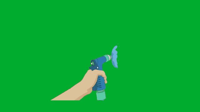 2d animation Hand holding sprayer tool nozzle closely against a clear background layout animation on green screen. Human arm gesture squeezing plastic water spray bottle handle for gardening cleaning