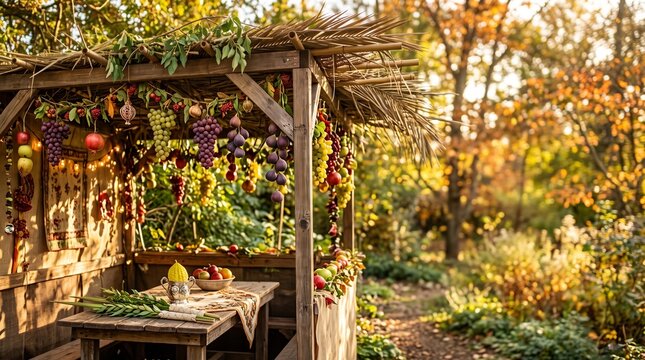 Sukkot, beautifully decorated sukkah with woven palm roof, lulav, etrog, hanging grapes, figs and harvest fruits illuminated by golden afternoon sunlight
