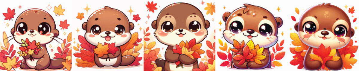 Vector of a cute cartoon otter character holding colorful autumn leaves © FirdianKrisna