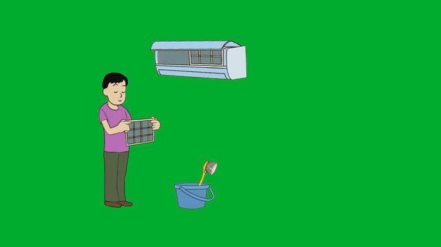 2d animation Man cleaning filter net closely from a wall split air conditioner animation on green screen. Master technician worker service person washing AC net appliance with water bucket animation