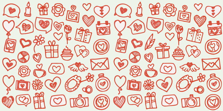 Red Doodles Of Romantic Symbols And Gifts Vector Illustration