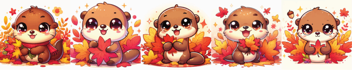 Vector of a cute cartoon otter character holding colorful autumn leaves © FirdianKrisna
