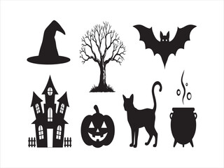 Fototapeta premium Halloween silhouette icons set with witch hat haunted house dead tree bat pumpkin black cat cauldron vector isolated illustration