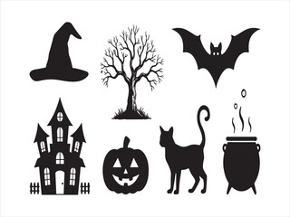 Fototapeta premium Halloween silhouette icons set with witch hat haunted house dead tree bat pumpkin black cat cauldron vector isolated illustration