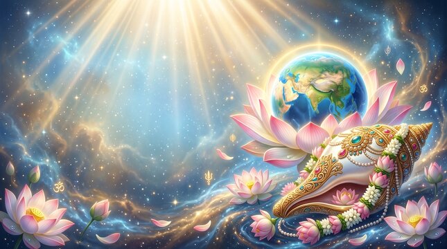 Varaha Jayanti, ornate conch shell, lotus flowers and celestial earth orb illuminated by heavenly light rays
