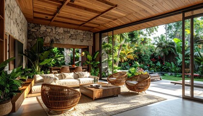 Fototapeta premium A serene living room with wicker chairs and lush plants overlooks a tropical garden through large glass doors.