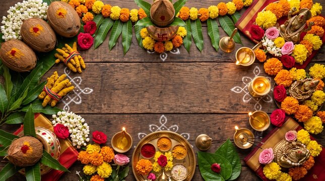 Gauri Habba, top-view arrangement of coconuts, turmeric roots, mango leaves, flowers and brass ritual objects
