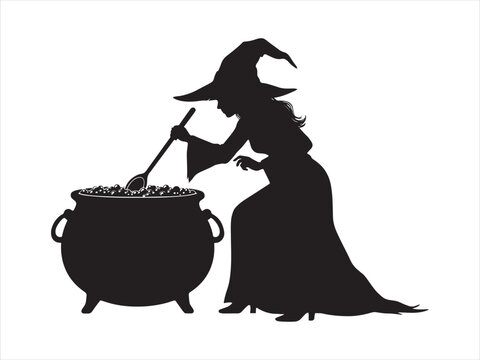 Halloween silhouette of a witch stirring a bubbling cauldron with a magic potion vector isolated illustration