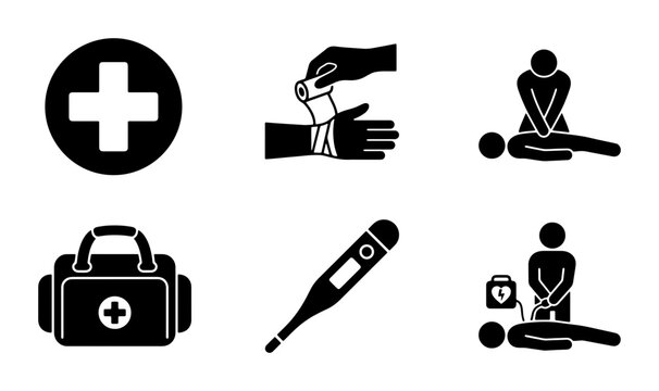 Medical First Aid Icons: Cross, Bandage, CPR, Kit, Thermometer, AED Set