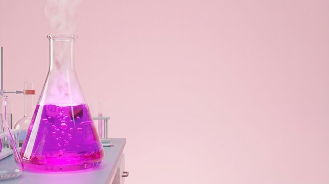 3D Erlenmeyer Flask with Magenta Liquid Pastel Pink Copy Space