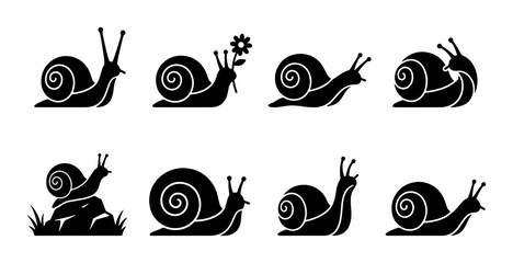 Snail Icons Set, Black Silhouette Garden Mollusk Vector Graphics, Slow Movement Nature Elements © Tariqul