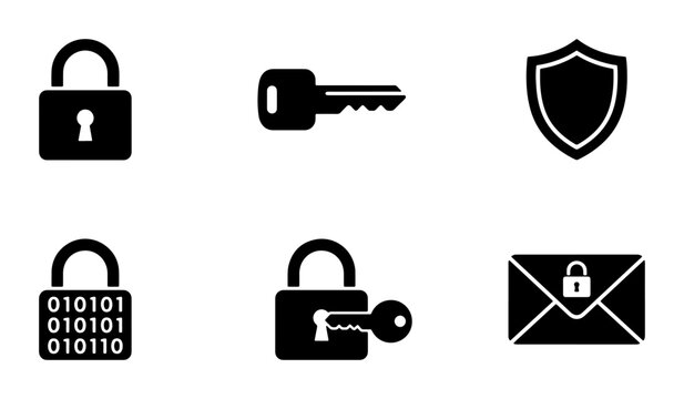 Cyber Security Icons: Padlock, Key, Shield, Binary Code, Envelope, Digital Protection Vector Set