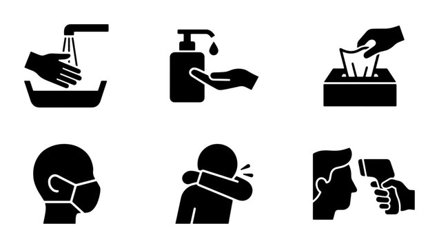 Hygiene Icons: Hand Washing, Sanitizer, Tissues, Mask, Cough, Temperature Check