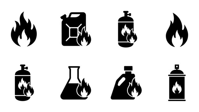 Flammable Hazard Icons Set, Fire Danger Symbols, Fuel Container Graphics, Safety Warning Vector