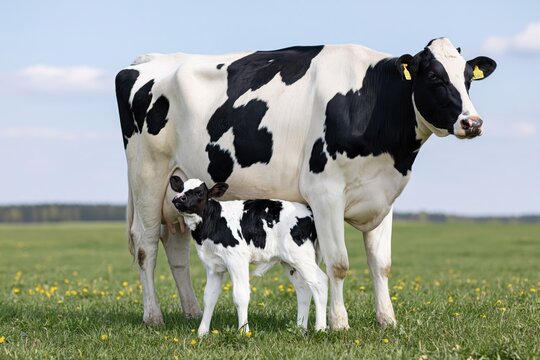The Cow and Calf in a Green Pasture Under a Clear Blue Sky